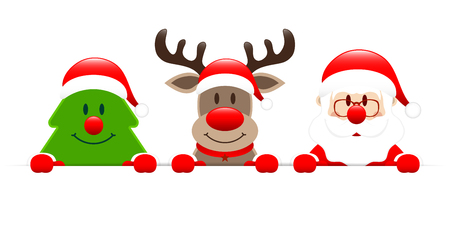 Christmas Tree Reindeer And Santa Holding Horizontal Bannerのイラスト素材