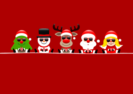 Red Card Tree Snowman Reindeer Santa And Angel With Sunglassesのイラスト素材