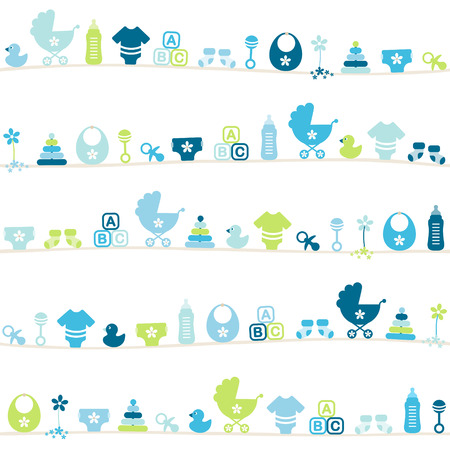 Seamless Pattern Different Baby Icons Boy Blue And Greenのイラスト素材