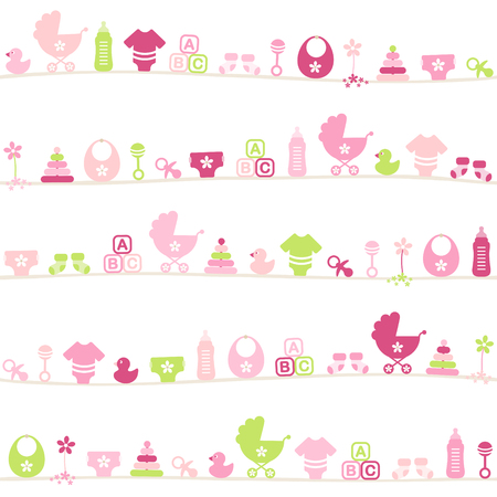Seamless Pattern Different Baby Girl Icons Pink And Greenのイラスト素材