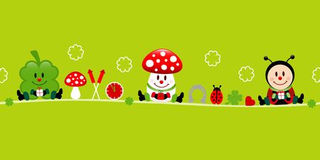 Banner Cloverleaf Fly Agaric And Ladybug Icons Greenのイラスト素材