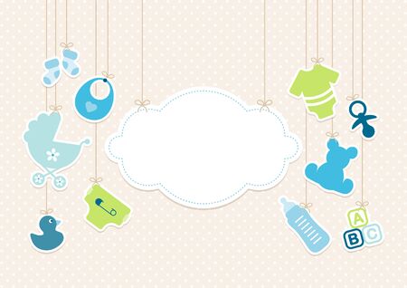 Card Baby Icons Boy And Cloud Background Dots Beigeのイラスト素材