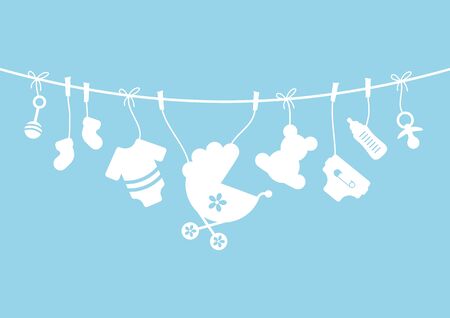 Nine Horizontal Hanging Baby Icons Boy Bow Blue And Whiteのイラスト素材