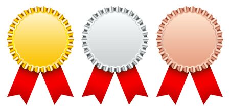 Set Of Three Award Badges Gold Silver Bronze With Red Ribbonのイラスト素材