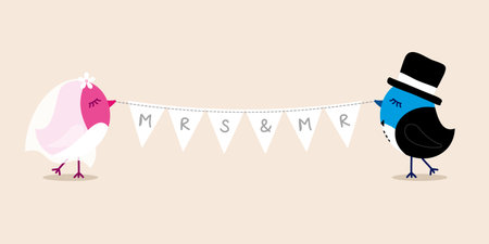Wedding Birds Bride And Groom Holding Bunting MRS MRのイラスト素材