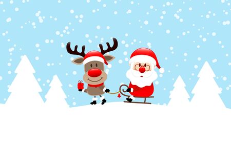 Reindeer Pulling Sleigh With Santa Snow And Forest Blueのイラスト素材