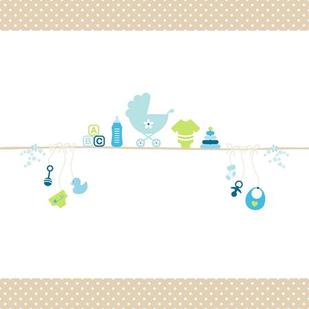 Baby Boy On Straight String Blue And Green Dots Border Beige Iconsのイラスト素材