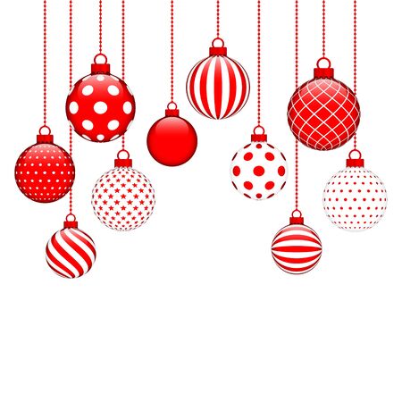 Ten Hanging Christmas Baubles With Different Pattern Red And Whiteのイラスト素材