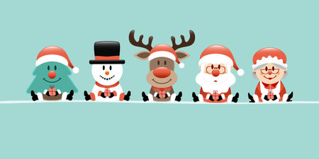 Banner Christmas Tree Snowman Reindeer Santa And Wife Turquoiseのイラスト素材