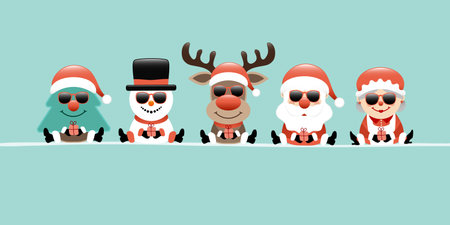 Banner Christmas Tree Snowman Reindeer Santa And Wife Sunglasses Turquoiseのイラスト素材