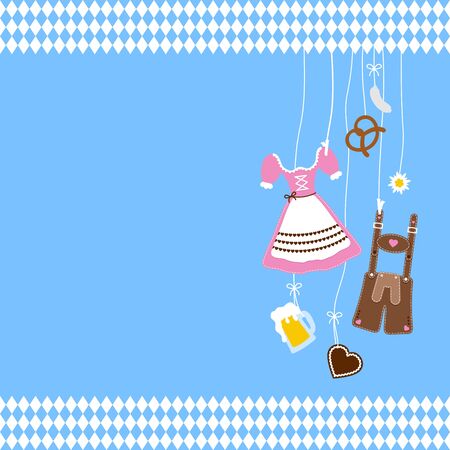 Right Hanging Oktoberfest Icons And Diamond Pattern Borders Blue Backgroundのイラスト素材