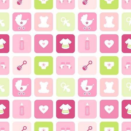 Seamless Pattern Baby Girl Icons Squares Pink And Greenのイラスト素材