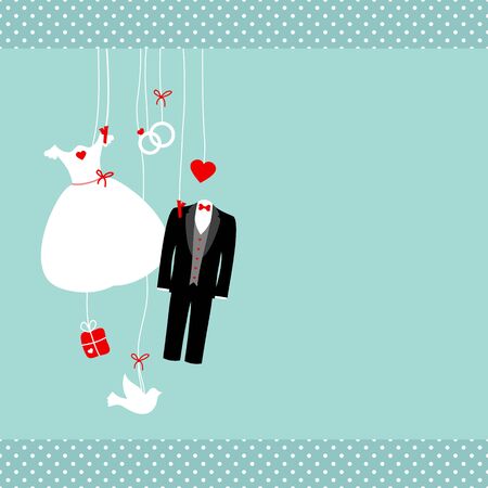 Left Hanging Wedding Icons Turquoise And Red Dots Bordersのイラスト素材