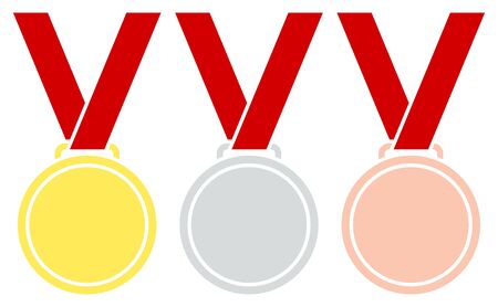 Three Graphic Hanging Medals Gold Silver Bronze Red Ribbonのイラスト素材