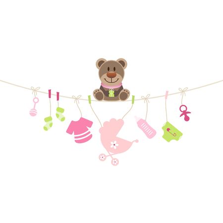 Teddy Sitting On String Curve With Hanging Baby Icons Girlのイラスト素材