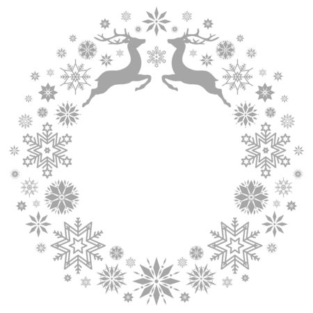 Gray Christmas Wreath Flying Reindeer And Snowflakesのイラスト素材