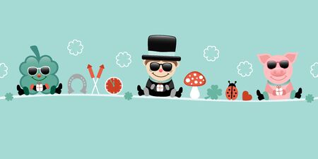 Shamrock Chimney Sweep And Pig With Sunglasses Icons New Years Eve Turquoiseのイラスト素材