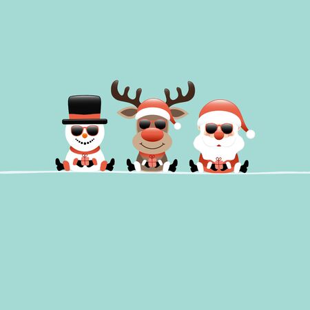 Square Christmas Card Snowman Reindeer And Santa Sunglasses Turquoiseのイラスト素材