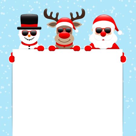 Snowman Reindeer And Santa Sunglasses Holding Label Snow Light Blueのイラスト素材