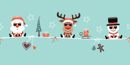 Santa Claus Reindeer And Snowman With Sunglasses And Icons Turquoiseのイラスト素材