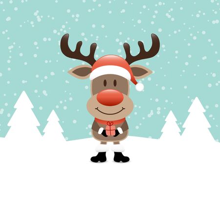Reindeer With Gift Standing In The Snow Turquoiseのイラスト素材