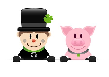 Chimney Sweeper And Pig Wih Gloves Holding Horizontal Bannerのイラスト素材