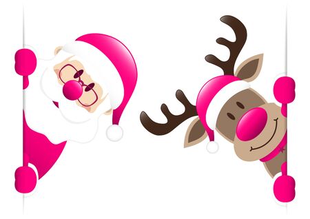 Pink Santa Claus And Reindeer Looking Inside Bannerのイラスト素材