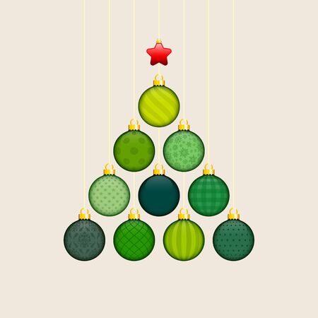 Abstract Christmas Tree Made Of Green Baubles With Gold Pattern Red Star Beige Backgroundのイラスト素材