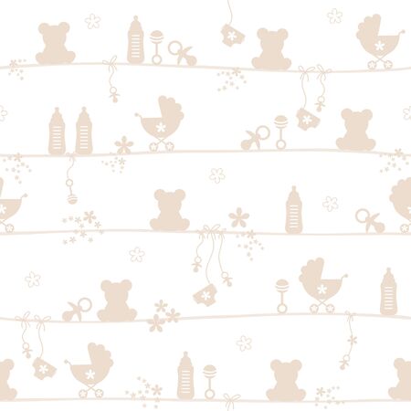 Seamless Pattern Baby Teddy And Icons Silhouette Beigeのイラスト素材