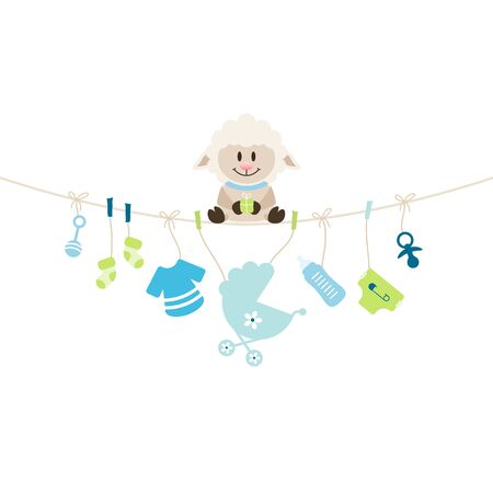 Sheep Sitting On String Curve With Hanging Baby Icons Boyのイラスト素材