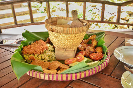 Simple traditional food on the table ready to eat, food from Indonesian Java on the tableの写真素材