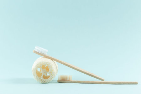 Two toothbrushes made of wood. Natural loofah product for the body. Zero Waste. On a trendy blue...