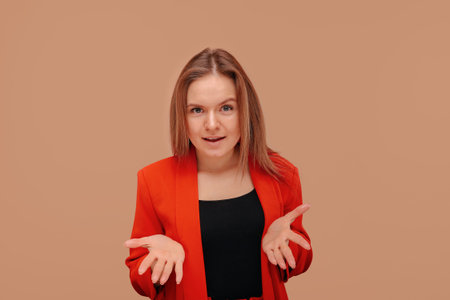 A girl with a questionable expression. Bright clothes. Beige background.