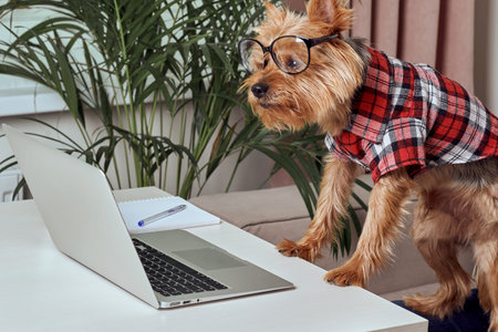 Cute terrier dog working on laptop at home. Technology concept. Dog in clothes.