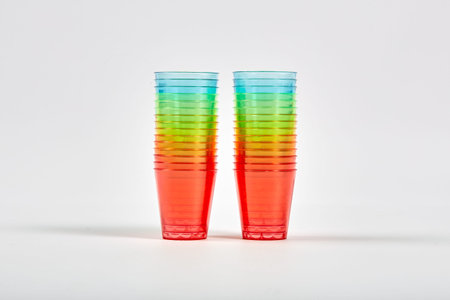 Recycled plastic. Caring for the environment. Many multi-colored rainbow colored plastic glasses are...