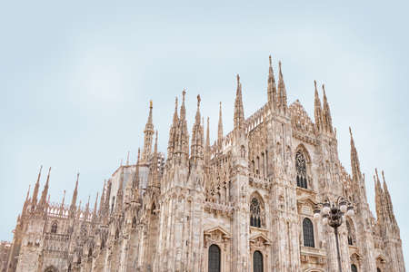 The Piazza del Duomo at dawn. Galleeria Vittorio Emenuele and Milan Cathedral square with flying pegion in the morning. Milan, Italy. 22.08.2020のeditorial素材