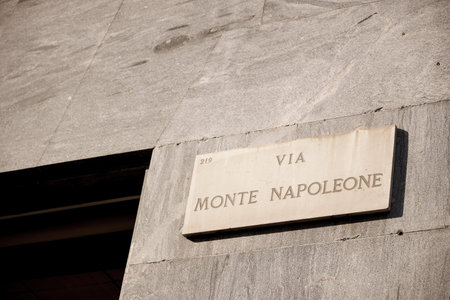 Marble plaque on the monument to the famous conqueror Napoleon. Milan Italy 08.2020のeditorial素材