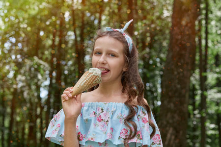 A brunette with long wavy hair is eating ice cream on the left in the corner of the sun glare. Blue...
