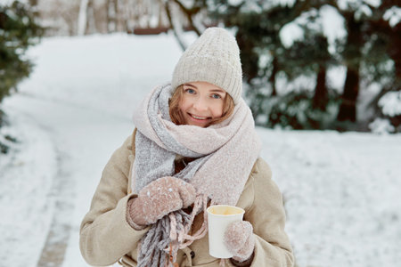 A young woman with a cup of coffee in mittens and a knitted hat. Beautiful winter park. Lots of...