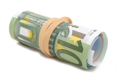 Group of Euro bills rolled up with elastic aroundの写真素材