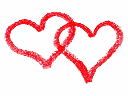 Two red lipstick painted hearts over whiteの写真素材