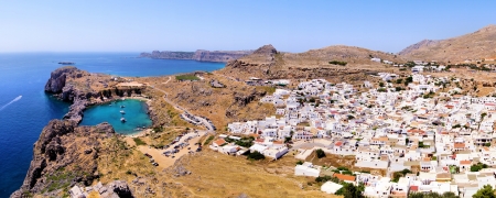 Panoramic view over the village of Lindos and the blue Aegean Sea, Rhodes Island, Greeceの写真素材