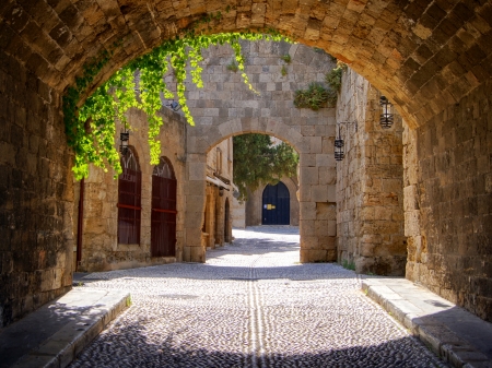 Medieval arched street in the old town of Rhodes, Greeceの写真素材