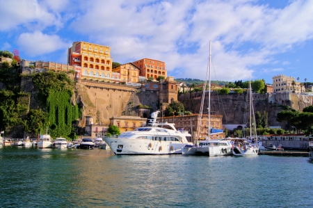 View of the cliffs of Sorrento, Italy from the harborの写真素材