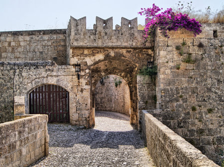 Medieval defensive gate in the fortifications of Rhodes Old Town, Greeceの写真素材