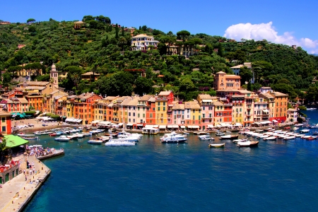 Aerial view over the famous fishing village of Portofino, Italy の写真素材