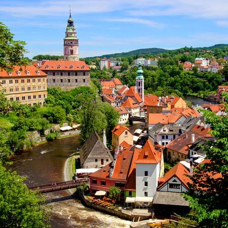 Aerial view over the old town of Cesky Krumlov with castle, Czech Republicのeditorial素材