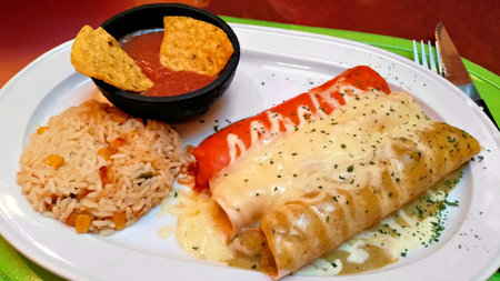 Red white and green enchiladas with rice and beans, on white plate