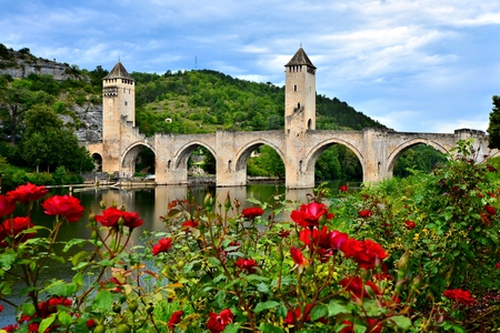 Medieval stone bridge at Cahors, France with red rose flowersの写真素材