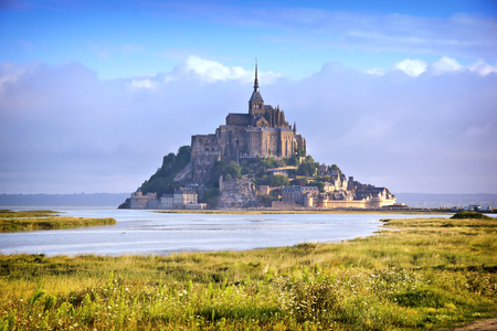 Religious landmark of Mont Saint Michel from a distance, early morning, Normandy, Franceのeditorial素材